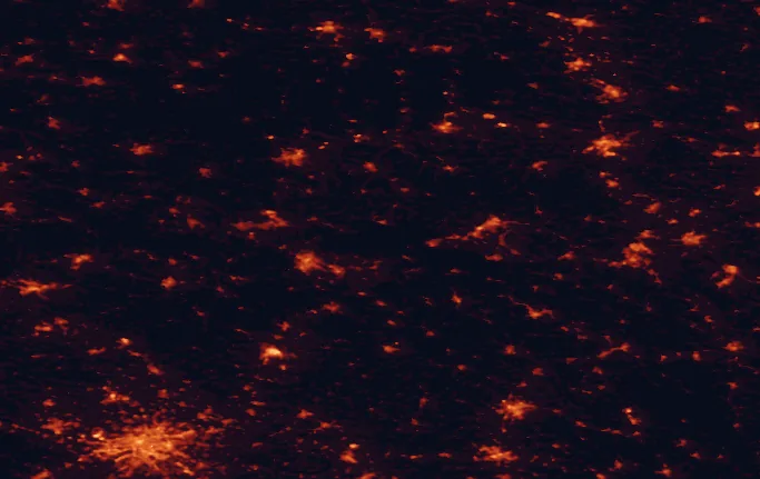 Satellite night-light map of the 100 km around the Izera Dark Sky Park, with Prague, Liberec and Jelenia Góra marked