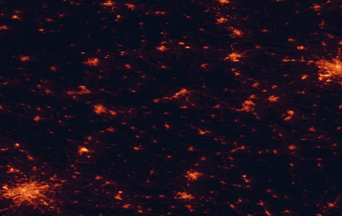 Satellite night-light map of the 100 km around Karkonosze National Park, with Prague, Jelenia Góra and Wałbrzych marked