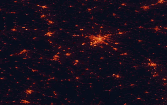 Satellite night-light map of the 100 km around Owl Mountains Landscape Park, with Wrocław, Wałbrzych and Świdnica marked