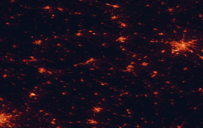 Satellite night-light map of the 100 km around Rudawy Landscape Park, with Wrocław, Wałbrzych and Jelenia Góra marked