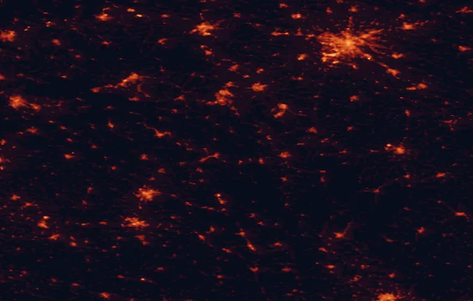 Satellite night-light map of the 100 km around Stołowe Mountains National Park, with Wrocław, Wałbrzych and Hradec Králové marked