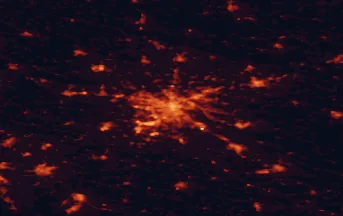 Satellite night-light map of the 50 km around Wrocław, with Pilczyce-Kozanów-Popowice Północne, Psie Pole Zawidawie and Gądów-Popowice Południowe marked