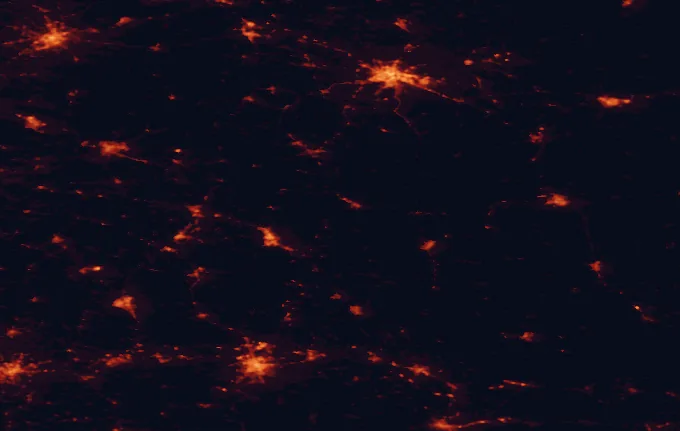 Satellite night-light map of the 100 km around Janów Forests Landscape Park, with Lublin, Rzeszów and Radom marked