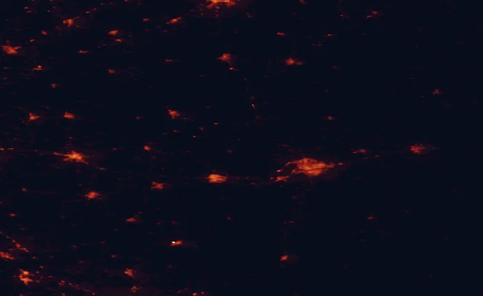 Satellite night-light map of the 100 km around Podlasie Bug Gorge Landscape Park, with Brest, Biała Podlaska and Siedlce marked