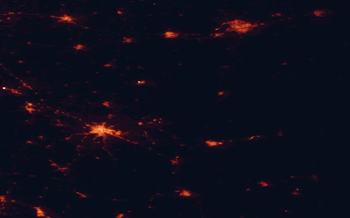 Satellite night-light map of the 100 km around Polesie National Park, with Lublin, Brest and Chełm marked