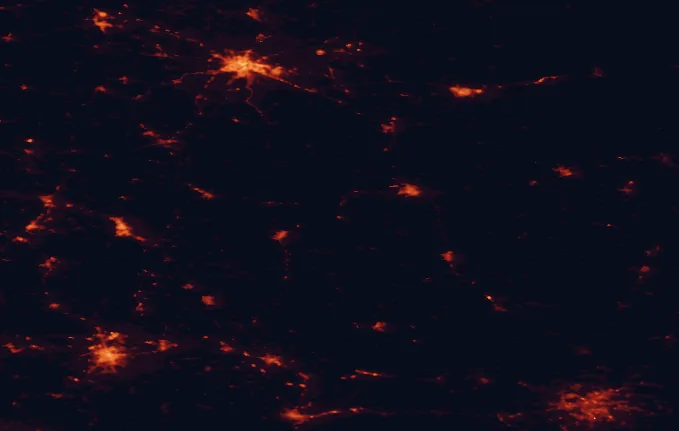 Satellite night-light map of the 100 km around Roztocze National Park, with Lviv, Lublin and Rzeszów marked