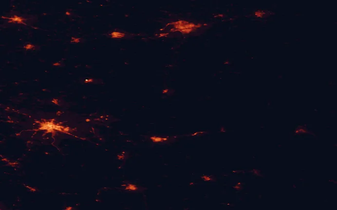 Satellite night-light map of the 100 km around Sobibór Landscape Park, with Lublin, Brest and Chełm marked