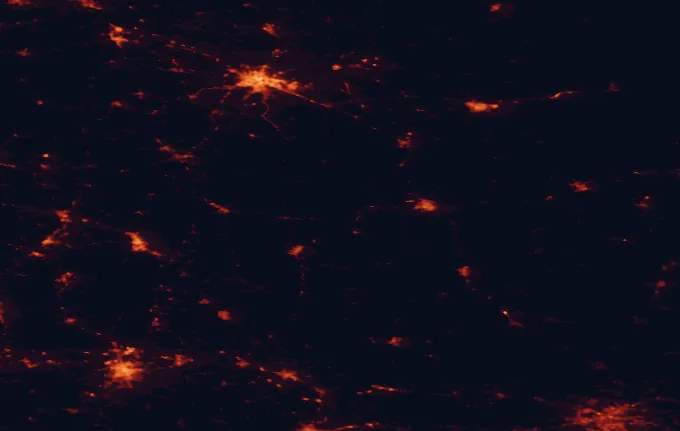 Satellite night-light map of the 100 km around Szczebrzeszyn Landscape Park, with Lviv, Lublin and Rzeszów marked