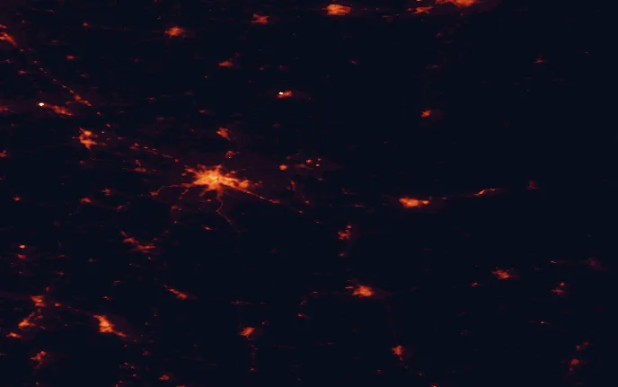 Satellite night-light map of the 100 km around Wieprz Landscape Park, with Lublin, Chełm and Świdnik marked