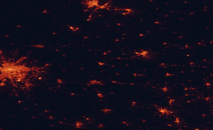 Satellite night-light map of the 100 km around Ujście Warty National Park, with Berlin, Szczecin and Gorzów Wielkopolski marked