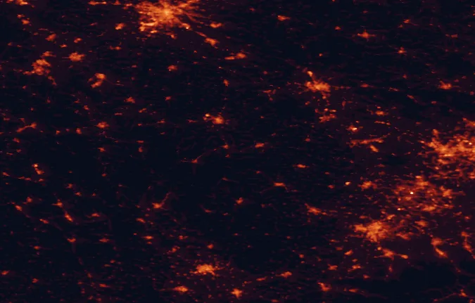 Satellite night-light map of the 100 km around Opawskie Mountains Landscape Park, with Wrocław, Ostrava and Gliwice marked