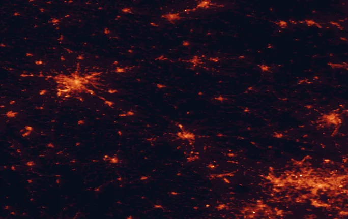 Satellite night-light map of the 100 km around Stobrawa Landscape Park, with Wrocław, Opole and Częstochowa marked