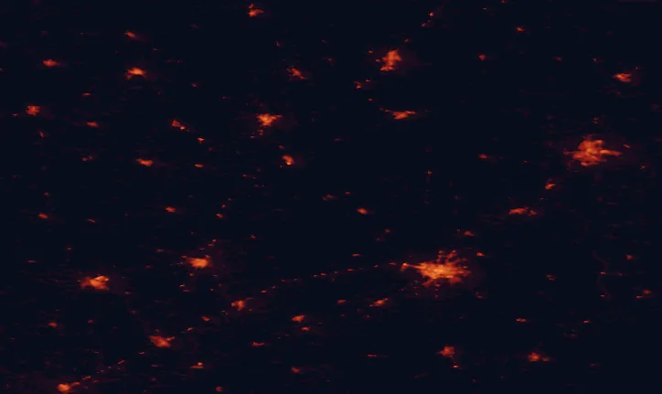 Satellite night-light map of the 100 km around Biebrza National Park, with Białystok, Hrodna and Łomża marked