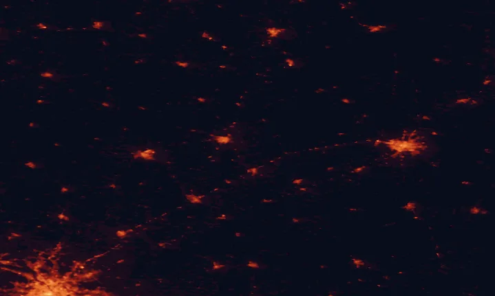 Satellite night-light map of the 100 km around Łomża Landscape Park, with Białystok, Łomża and Białołeka marked