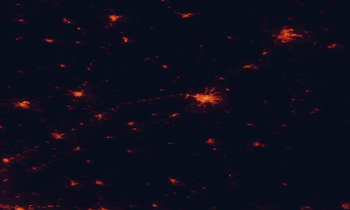 Satellite night-light map of the 100 km around Narew National Park, with Białystok, Hrodna and Łomża marked