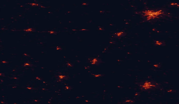 Satellite night-light map of the 100 km around Suwałki Landscape Park, with Hrodna, Kaunas and Suwałki marked