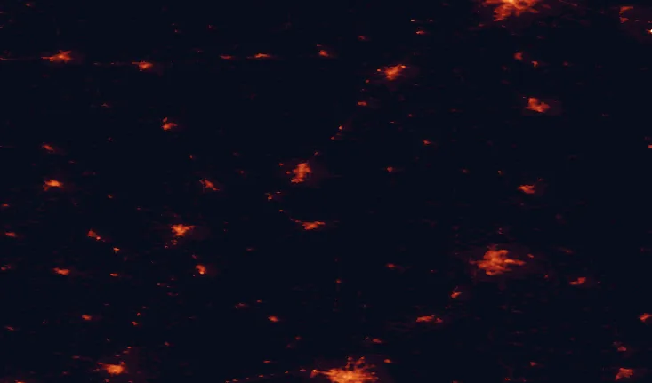 Satellite night-light map of the 100 km around Wigry National Park, with Hrodna, Suwałki and Ełk marked