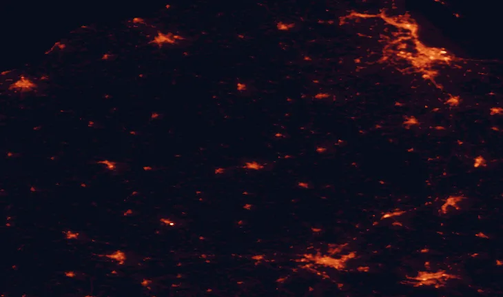 Satellite night-light map of the 100 km around Bory Tucholskie National Park, with Gdańsk, Bydgoszcz and Gdynia marked