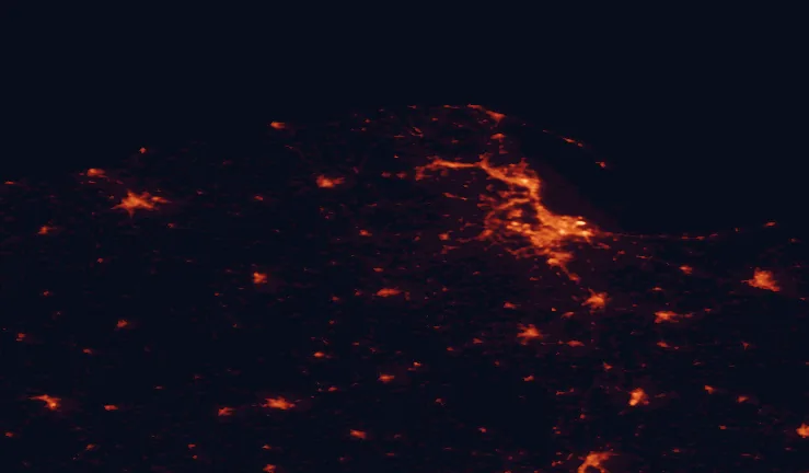 Satellite night-light map of the 100 km around Kashubian Landscape Park, with Gdańsk, Gdynia and Elbląg marked