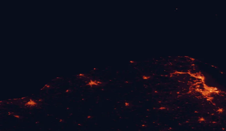 Satellite night-light map of the 100 km around Słowiński National Park, with Gdańsk, Gdynia and Słupsk marked