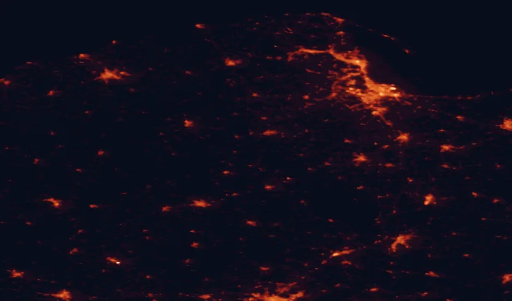 Satellite night-light map of the 100 km around Wdzydze Landscape Park, with Gdańsk, Gdynia and Słupsk marked