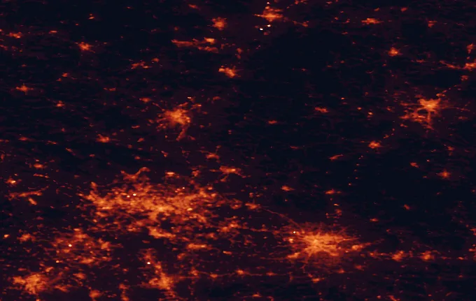Satellite night-light map of the 100 km around Eagles' Nests Landscape Park, with Kraków, Częstochowa and Katowice marked