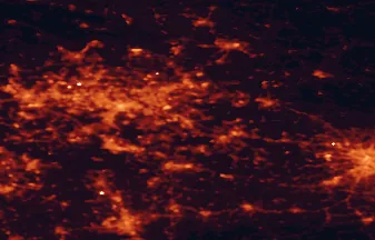 Satellite night-light map of the 50 km around Jaworzno, with Kraków, Katowice and Sosnowiec marked