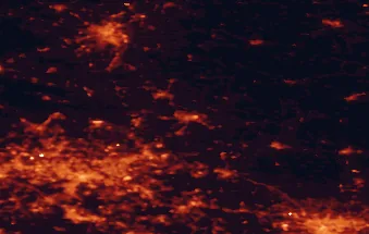Satellite night-light map of the 50 km around Zawiercie, with Kraków, Katowice and Sosnowiec marked