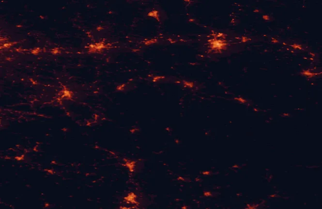 Satellite night-light map of the 100 km around Magura National Park, with Rzeszów, Košice and Tarnów marked