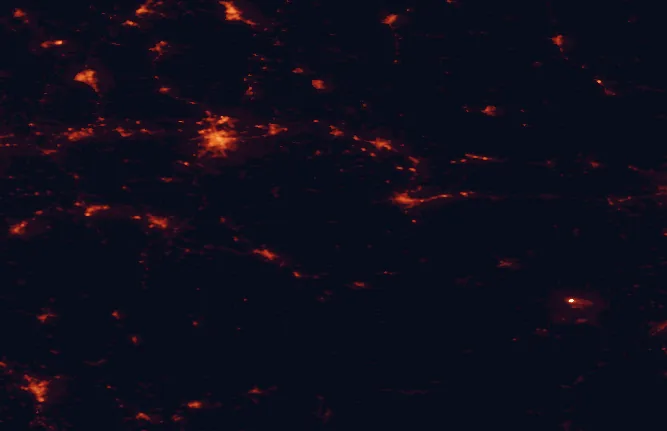 Satellite night-light map of the 100 km around Pogórze Przemyskie Landscape Park, with Rzeszów, Przemyśl and Sanok marked