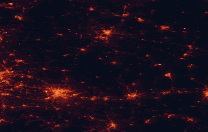 Satellite night-light map of the 100 km around Nida Landscape Park, with Kraków, Kielce and Tarnów marked