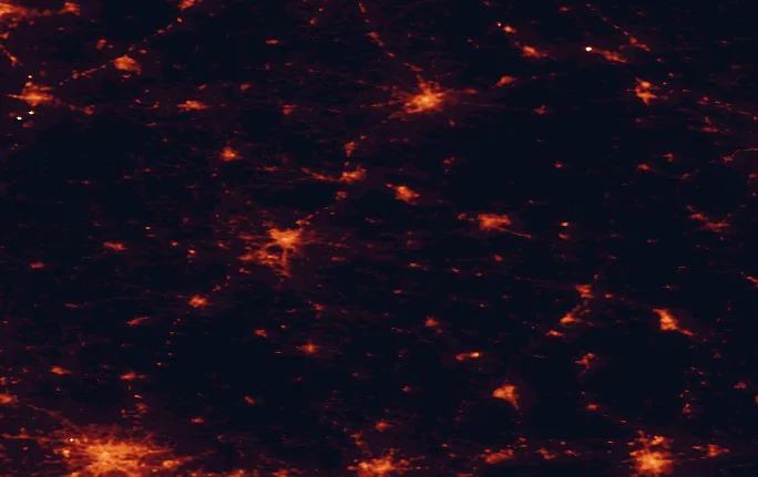 Satellite night-light map of the 100 km around Świętokrzyski National Park, with Kraków, Kielce and Radom marked