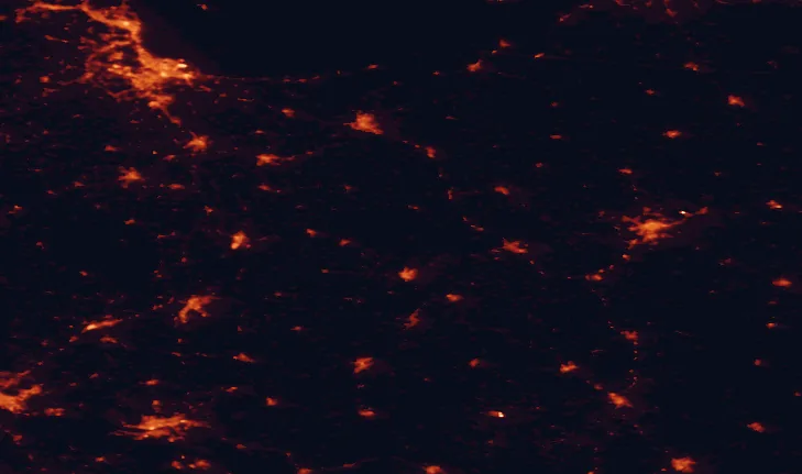 Satellite night-light map of the 100 km around Iława Lake District Landscape Park, with Gdańsk, Olsztyn and Gdynia marked