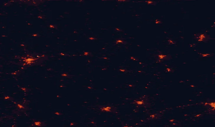 Satellite night-light map of the 100 km around Masurian Landscape Park, with Olsztyn, Ełk and Łomża marked