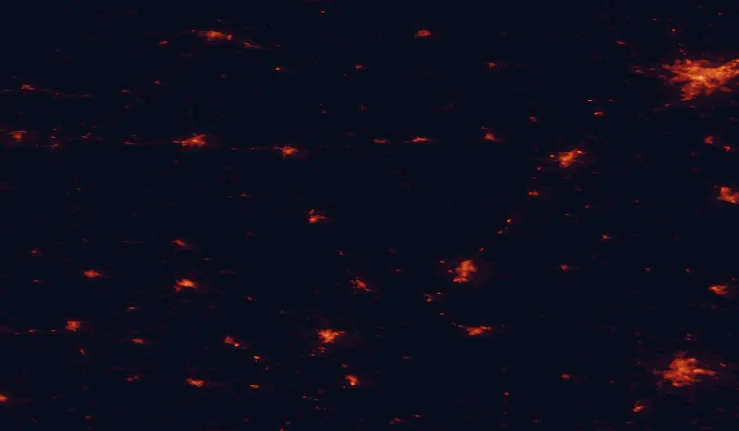 Satellite night-light map of the 100 km around Puszcza Romincka Landscape Park, with Hrodna, Kaunas and Suwałki marked
