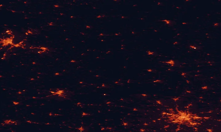 Satellite night-light map of the 100 km around Drawa National Park, with Poznań, Szczecin and Gorzów Wielkopolski marked