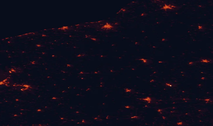 Satellite night-light map of the 100 km around Drawsko Landscape Park, with Koszalin, Piła and Słupsk marked