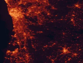 Satellite night-light map of the 50 km around Arouca, with Porto, Viseu and Vila Nova de Gaia marked