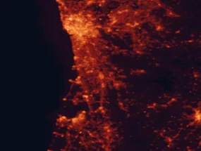 Satellite night-light map of the 50 km around São João da Madeira, with Porto, Aveiro and Vila Nova de Gaia marked