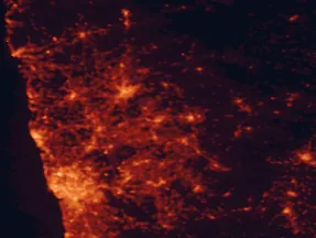 Satellite night-light map of the 50 km around Guimarães, with Braga, Porto and Felgueiras marked