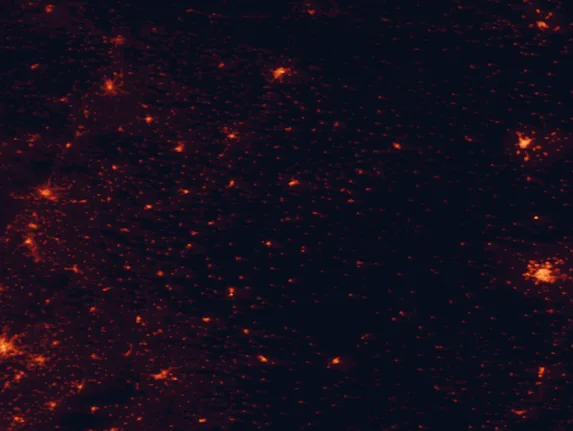 Satellite night-light map of the 100 km around International Douro Natural Park, with Salamanca, Zamora and Bragança marked