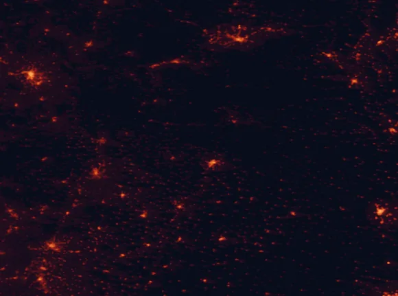Satellite night-light map of the 100 km around Montesinho Natural Park, with Bragança, Ourense and Ponferrada marked