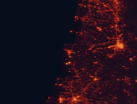 Satellite night-light map of the 50 km around Figueira da Foz, with Coimbra, Leiria and Santo António dos Olivais marked