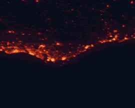 Satellite night-light map of the 50 km around Laranjeiro, with Faro, Olhão and Quarteira marked