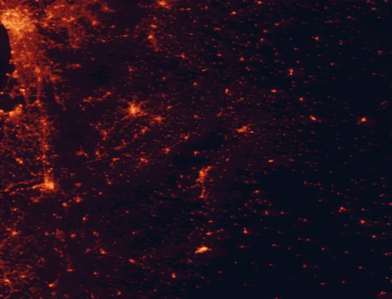 Satellite night-light map of the 100 km around Serra da Estrela Natural Park, with Porto, Viseu and Coimbra marked