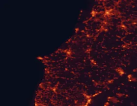 Satellite night-light map of the 50 km around Caldas da Rainha, with Leiria, Monsanto and Óbidos marked