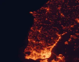Satellite night-light map of the 50 km around Torres Vedras, with Lisbon, Amadora and Queluz marked