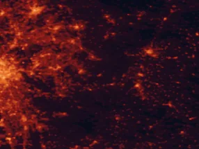 Satellite night-light map of the 50 km around Baião, with Braga, Felgueiras and Rio Tinto marked