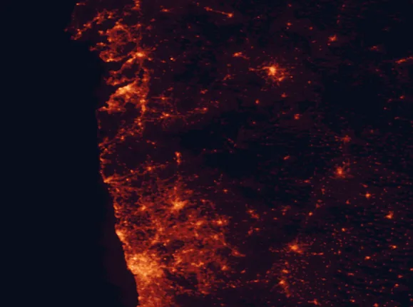 Satellite night-light map of the 100 km around Peneda-Gerês National Park, with Vigo, Braga and Porto marked