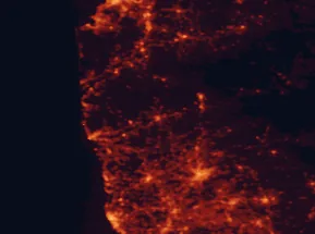 Satellite night-light map of the 50 km around Ponte de Lima, with Braga, Viana do Castelo and Felgueiras marked